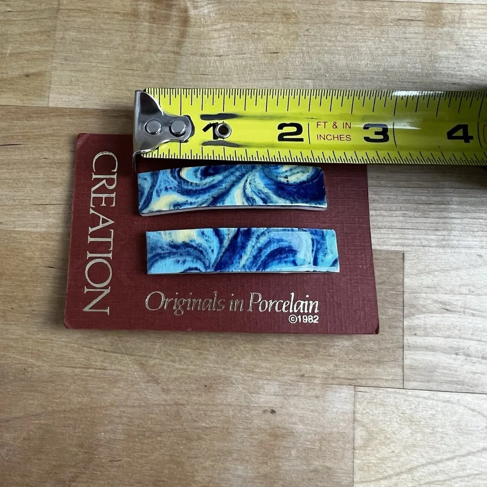 Vintage Pair Porcelain Hair Barrettes Creation 1982 Blue Swirl NEW